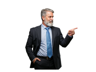 Mature businessman with gray hair and beard confidently pointing to the right side isolated on transparent background