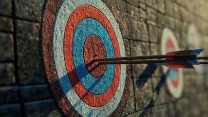 A target with three arrows pointing to it, one of which is in the center. The target is red, white, and blue, and it is a bullseye - Powered by Adobe