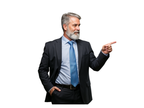 Mature businessman with gray hair and beard confidently pointing to the right side isolated on transparent background