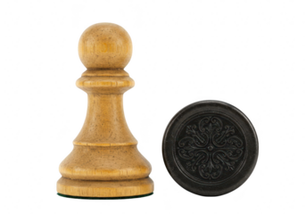 A vintage wooden chess pawn and a black checker piece isolated on a transparent background