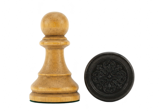 A vintage wooden chess pawn and a black checker piece isolated on a transparent background - Powered by Adobe