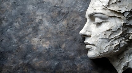 Elegant white plaster sculpture of a serene human face with closed eyes, detailed facial features, and textured layered hair against a dark, textured stone background