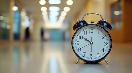 Classic black and white analog alarm clock with twin bells and metal handle on a smooth surface in a brightly lit modern corridor with blurred background