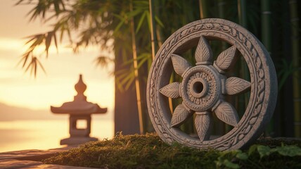 Asalha puja day, buddhist, Ornate Dharmachakra at Sunrise, Serene Garden Setting