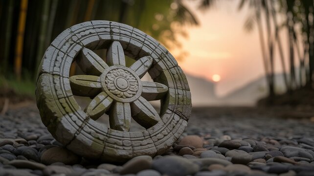 Asalha puja day, buddhist, Ornate Stone Dharmachakra at Sunset, Peaceful Serenity