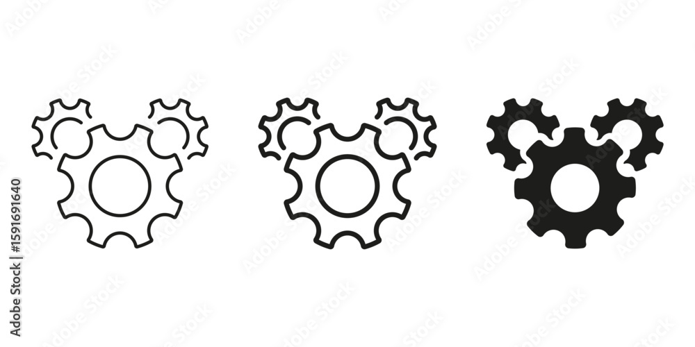 Poster three interlocking gears line and solid icon set. mechanical engineering, process optimization, and 