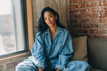 Confident woman in denim attire sits indoors near a window, bathed in natural light.