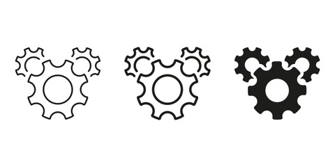 Three Interlocking Gears Line And Solid Icon Set. Mechanical Engineering, Process Optimization, And Industrial Automation Outline And Silhouette Symbol Collection. Isolated Vector Illustration