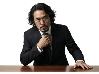 Mature asian businessman with glasses adjusting tie with confidence and serious expression isolated on transparent background