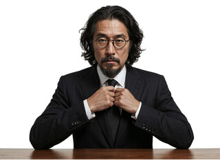 Mature asian man with glasses and beard adjusting his tie while wearing a suit isolated on transparent background