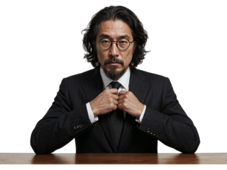 Mature asian man with glasses and beard adjusting his tie while wearing a suit isolated on transparent background