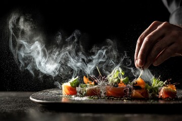 Chef seasons a beautifully plated gourmet dish with microgreens and smoke.