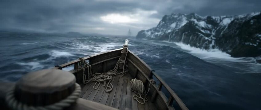 Voyage into the Storm: An old wooden boat fearlessly navigates the churning sea under a stormy sky, approaching a rugged snow-capped mountain range in a captivating display of nature's power. 