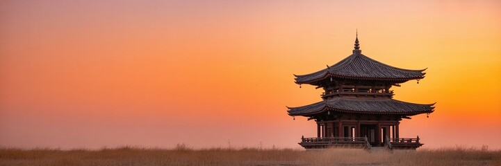 Fototapeta premium Asalha puja day, buddhist, Ancient Pagoda Silhouette Against a Vibrant Orange and Pink Sunset Sky