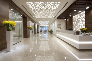 A sleek and contemporary office lobby featuring stylish design and modern decor.