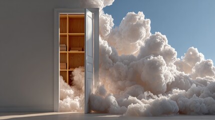 Open door to a cloud-filled sky