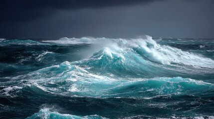 Waves crashing in ocean, storm, dark clouds. Use climate change, adventure,power
