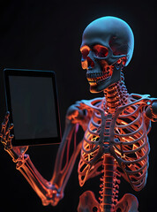 Illustration of glowing skeleton standing holding a laptop working