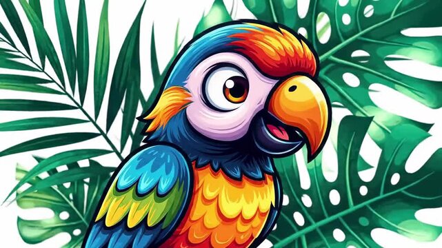 Colorful parrot with tropical leaves