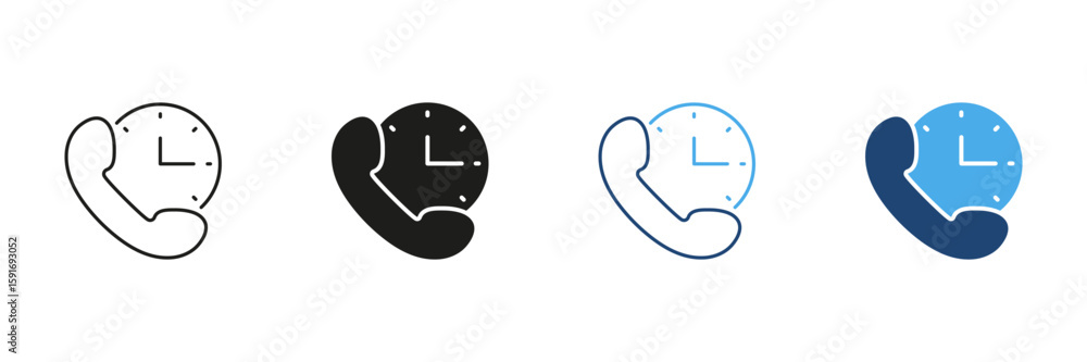 Poster phone with clock line and solid icon set. call scheduling, time management, and communication planni