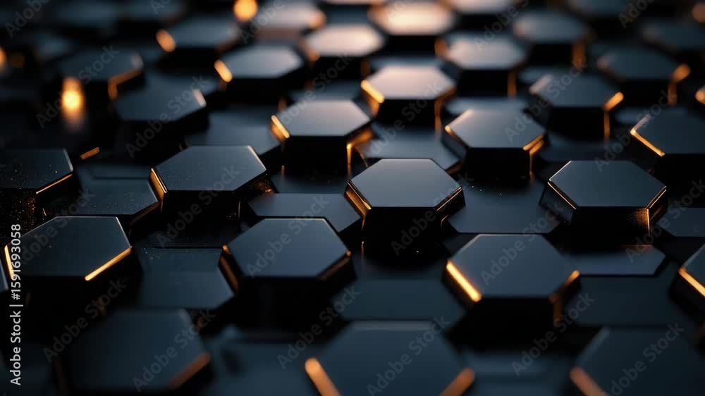 Poster high-tech electronic device with modular hexagonal structure, glowing neon lights and circuitry.