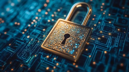 Close-up of a golden glittery lock on a digital circuit board with neon blue lines and glowing orange LED lights, symbolizing cybersecurity, data protection and digital security concepts