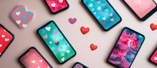 Smartphones with heart-themed displays, a Valentine's Day aesthetic