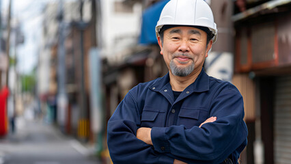 Confident senior worker in helmet standing with arms crossed. Skilled labor and craftsmanship concept.