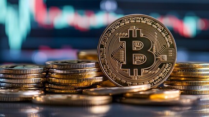 Golden Bitcoin coin standing upright amidst stacked silver and gold coins on a reflective surface with a blurred colorful background, symbolizing cryptocurrency, digital finance, and online investment