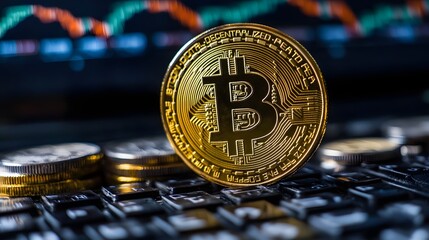 Close-up of a shiny gold Bitcoin coin placed on a computer keyboard with blurred digital financial graphs in background, representing cryptocurrency, digital currency, and blockchain technology