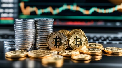 Stacks of silver and gold bitcoin coins with financial chart background representing cryptocurrency trading and digital asset investment