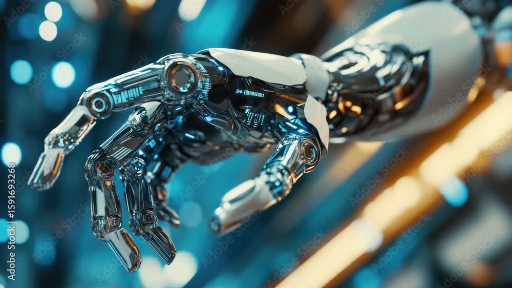 Poster high resolution image of a metallic human-like robotic hand with intricate circuitry and sensors, ag