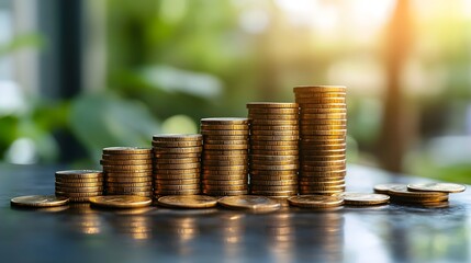 Stacked gold coins increasing in height representing financial growth and wealth with blurred green background and sunlight for investment success and economic prosperity