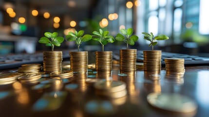 Growing Plants on Stacks of Coins Symbolizing Investment Growth Financial Success and Sustainable Development
