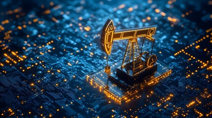 Futuristic digital illustration of an oil pumpjack with glowing neon lights and circuit board background, highlighting energy, technology, and innovation in a high-tech environment