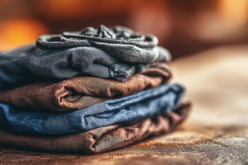 Folded, muted-toned clothing stacks on a rustic surface, soft focus