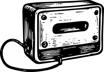 Minimal sketch of an old cassette tape with iconic reels and label space, representing compact media and retro charm