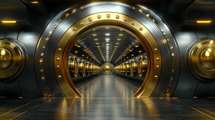Futuristic high-security vault with large circular door, illuminated metallic surfaces, and luxury interior design featuring gold accents and advanced technology elements