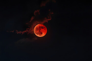 A red full moon in the night sky