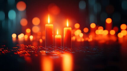 Elegant lit candles on reflective surface with warm bokeh lights in the background creating a cozy, intimate atmosphere for festive or contemplative occasions