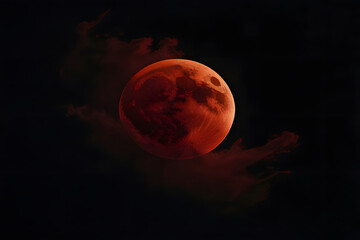 A red full moon in the night sky