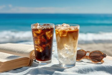 Iced coffee drinks relax on beach with ocean view; advertising summer vacation