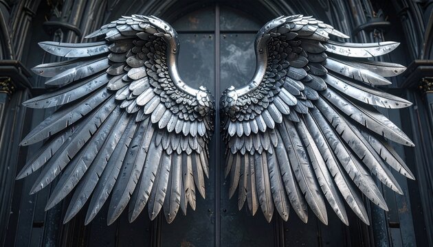 Metallic silver wings carved from gleaming steel, mechanical precision details, industrial gothic architecture backdrop