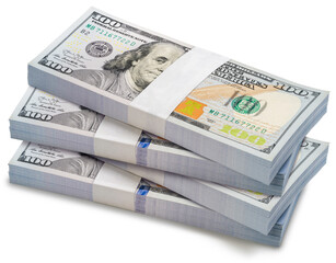 Bundle of 100 dollars banknotes isolated on white, Bundle of 100 American dollars banknotes isolated on white background With clipping path.