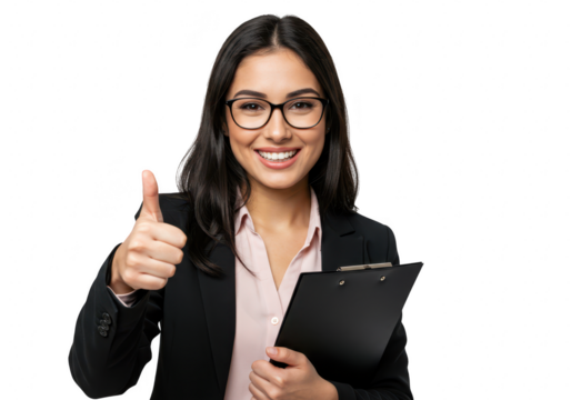 A smiling businesswoman in glasses gives a thumbs up while holding a clipboard, isolated on transparent background