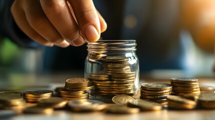 Close-up of a hand stacking coins into a glass jar with additional coins scattered on a surface, symbolizing savings, financial growth, investment, money management, and wealth accumulation