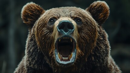 Close-up of a roaring brown bear with open mouth showing sharp teeth and fierce expression in a dark forest background