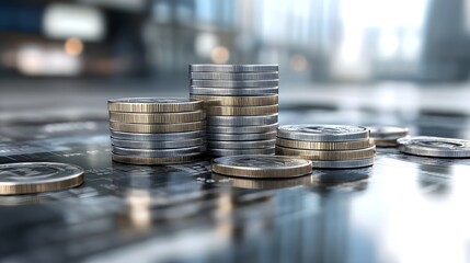 Stacks of silver and gold coins arranged on a reflective surface with a blurred modern office background, symbolizing wealth, finance, investment, savings, economy, and business success