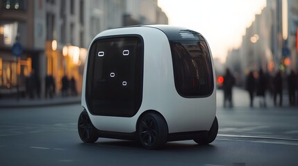 Futuristic Autonomous Delivery Vehicle on Urban Street at Dusk in Modern City with Blurred Pedestrians and Buildings