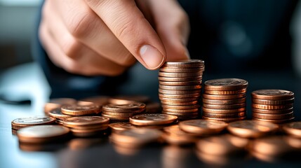 Close-up of a person's hand stacking shiny copper coins on a dark reflective surface, symbolizing finances, savings, investment, or economic growth with a blurred background